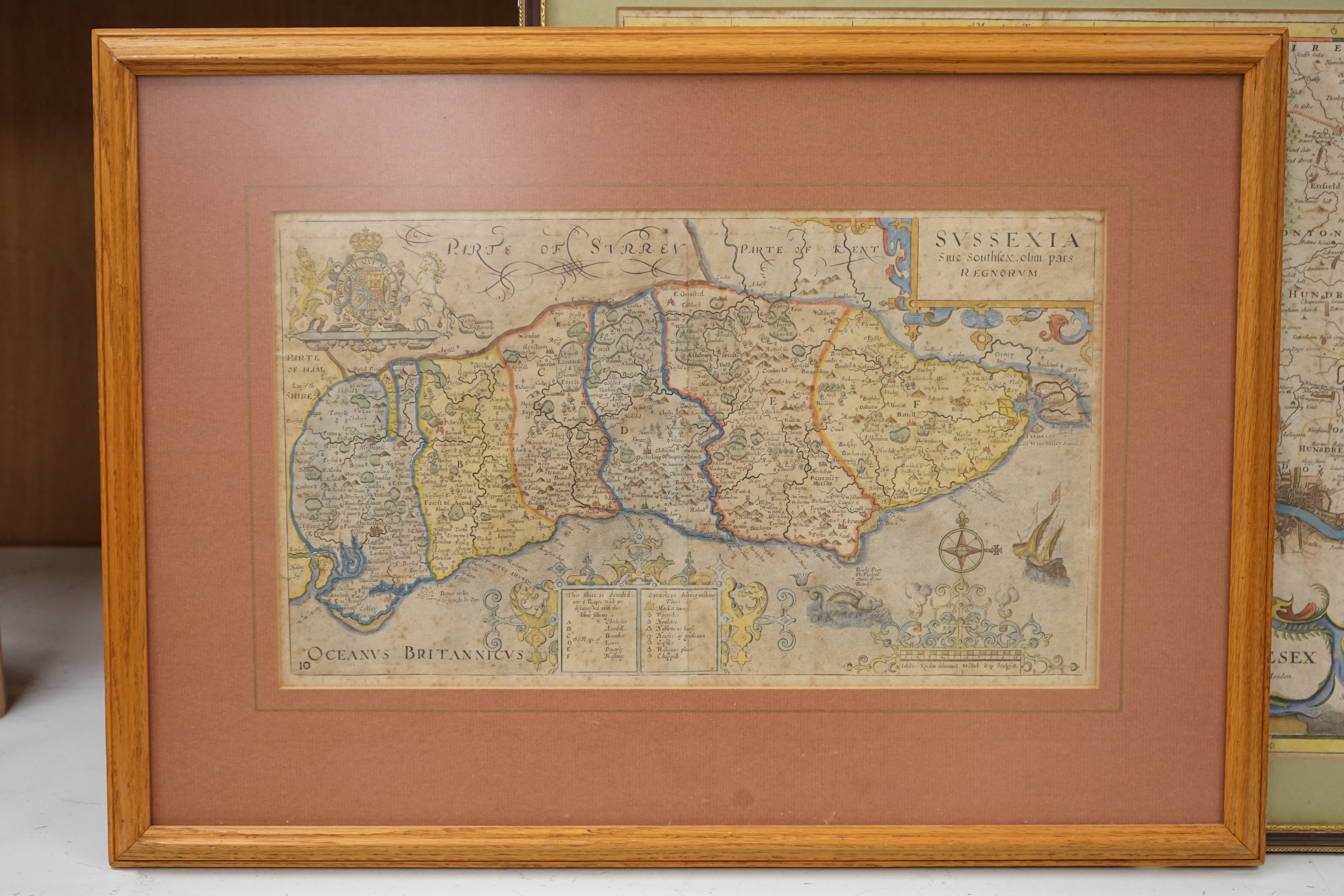 After Robert Morden (1650-1703), hand coloured map of Middlesex together with another of Sussex, largest 37 x 42cm. Condition - foxed